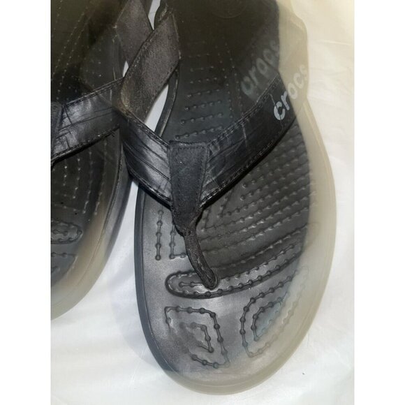 CROCS Black Leather rubber Thong Sandals Size 9 - Picture 9 of 11